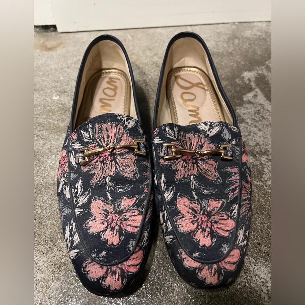 Sam Edelman Lorraine Navy and Pink Floral Loafers with Gold Buckle
